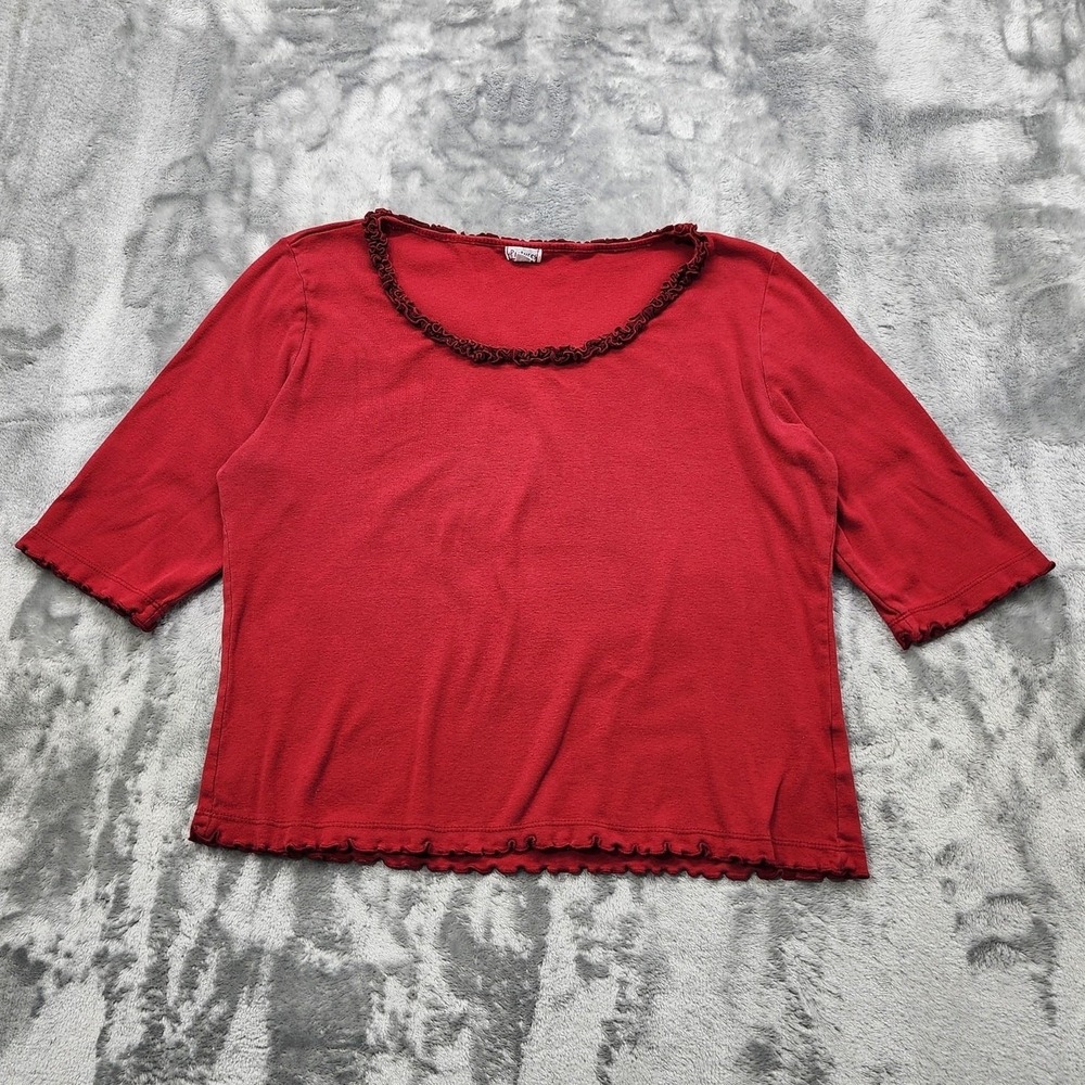 Vintage Pictures Top Women M Red Scoop Neck Short Sleeve Ruffled Pullover Casual